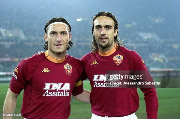 Francesco Totti and Gabriel Batistuta of AS Roma pose for photo during the Serie A 2000-01, Italy.