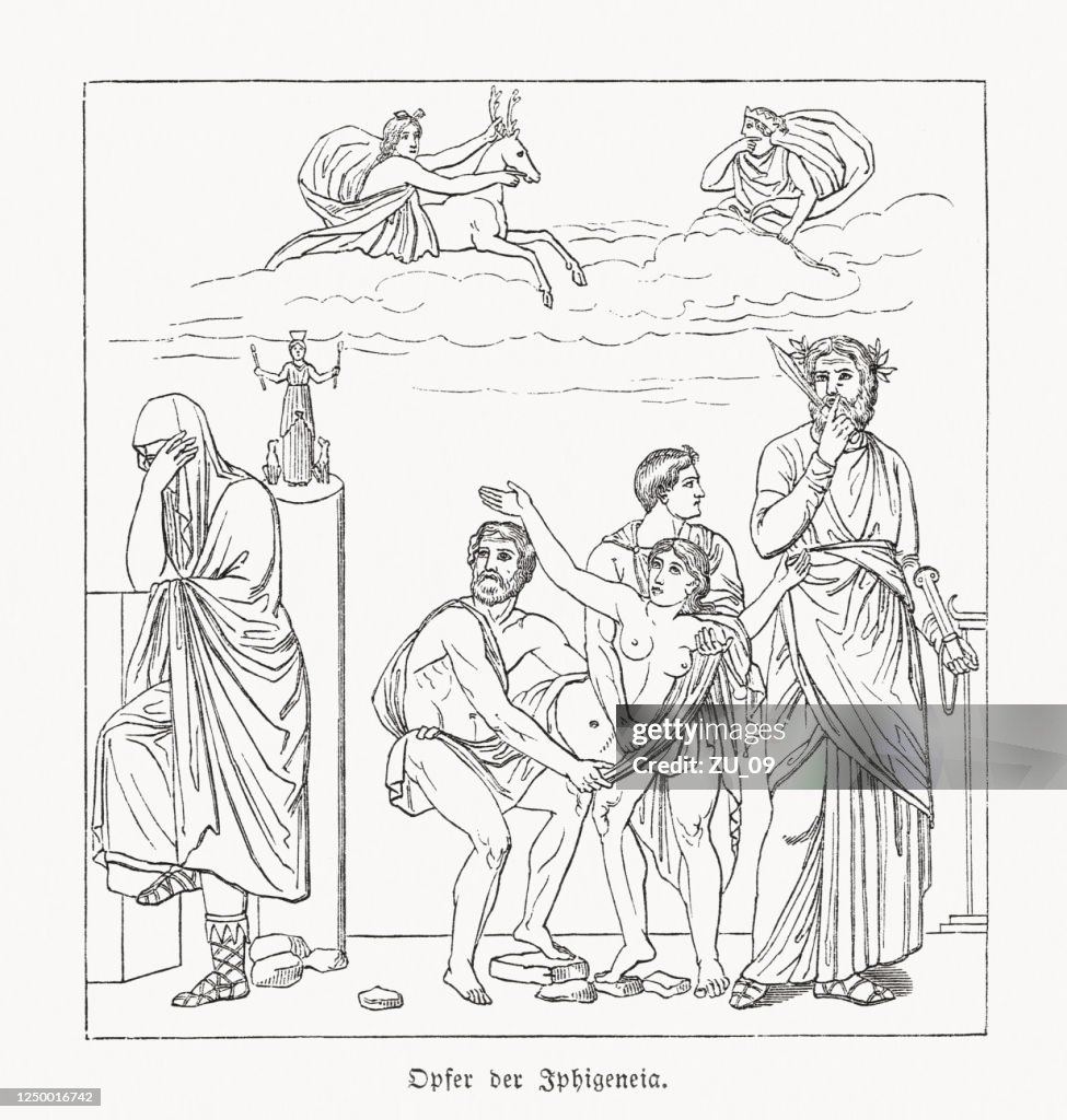 Sacrifice of Iphigenia (tragedie door Euripides), houtgravure, gepubliceerd in 1868