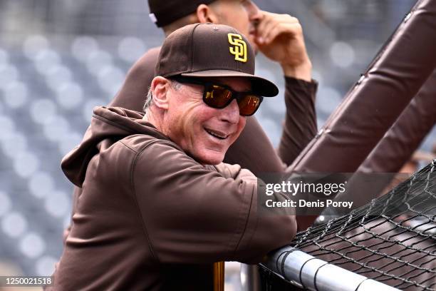 San Diego Padres manger Bob Melvin looks on during batting practice on opening day of the 2023 Major League Baseball season March 30, 2023 at Petco...
