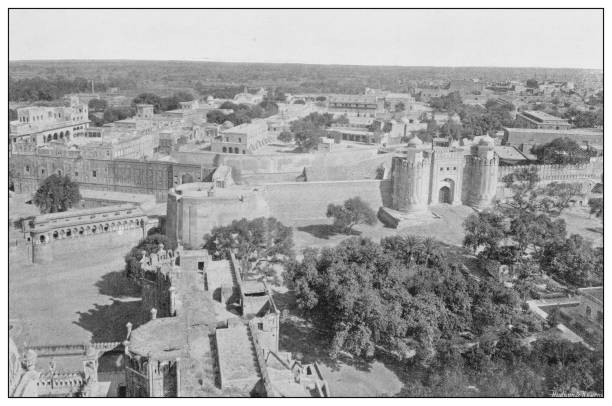 antique photograph of british navy and army: fort and city of lahore, punjab - bombay artillery stock illustrations