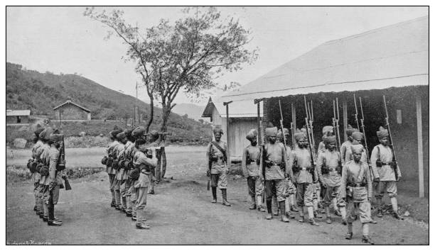 antique photograph of british navy and army: indian army burma regiment - bombay artillery stock illustrations