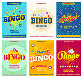 Bingo lottery posters set. Background game templates with balls for invitations, cards, ad and more. Retro. Vector