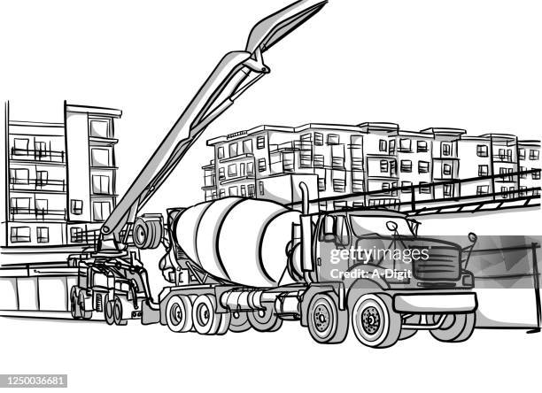 cement pouring truck - cement mixer truck stock illustrations