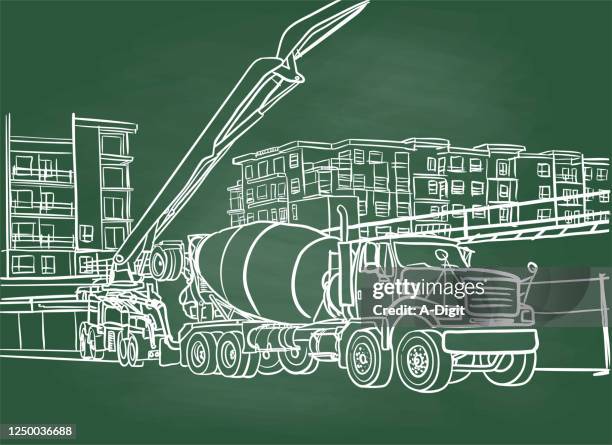 cement pouring truck chalkboard - mortar stock illustrations