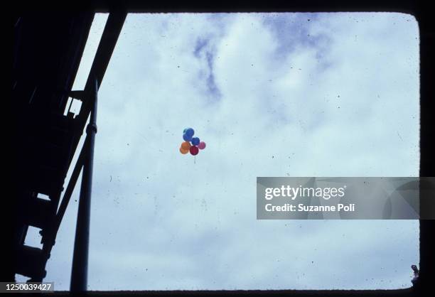 View, looking up, at a bunch of balloons released above Christopher Street during the annual New York City Pride March, New York, New York, June 24,...