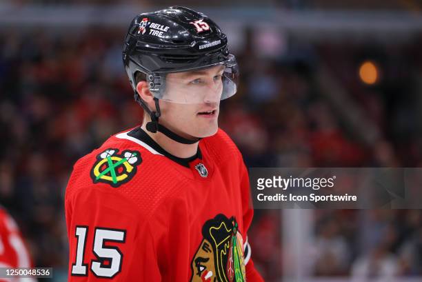Chicago Blackhawks right wing Joey Anderson looks on during a game between the St.Louis Blues and the Chicago Blackhawks on March 30, 2022 at the...
