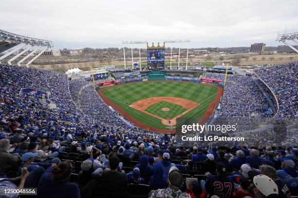 General view of Kauffman Stadium during the game between the Minnesota Twins and the Kansas City Royals on Thursday, March 30, 2023 in Kansas City,...