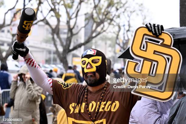 San Diego Padres fan cheers as he waits to get into the ballpard on opening day of the 2023 Major League Baseball season March 30, 2023 at Petco Park...
