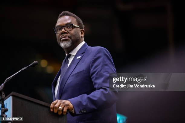 Progressive mayoral candidate Brandon Johnson speaks to supporters during a rally at the UIC Forum on March 30, 2023 in Chicago, Illinois. Johnson is...