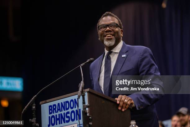 Progressive mayoral candidate Brandon Johnson speaks to supporters during a rally at the UIC Forum on March 30, 2023 in Chicago, Illinois. Johnson is...