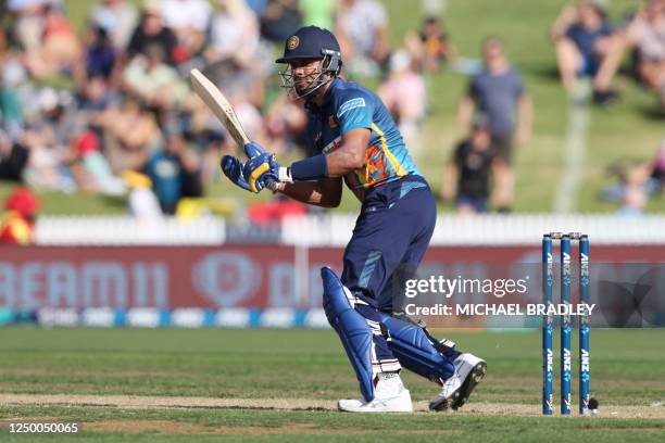 Sri Lankas Dasun Shanaka plays a shot during the third one-day international between New Zealand and Sri Lanka at Seddon Park in Hamilton on March...