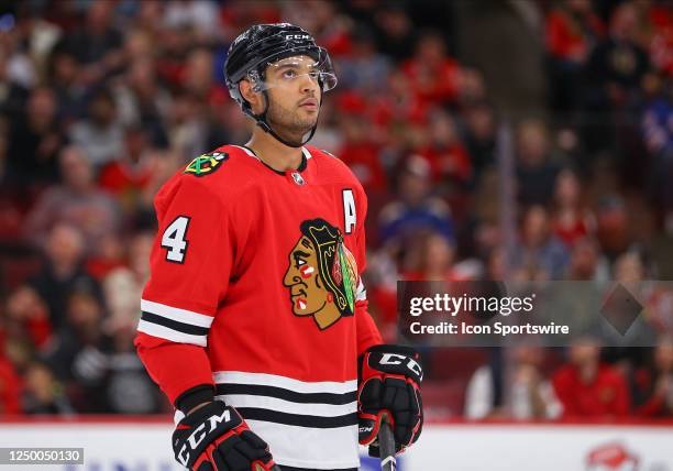 Chicago Blackhawks defenseman Seth Jones looks on during a game between the St.Louis Blues and the Chicago Blackhawks on March 30, 2022 at the United...