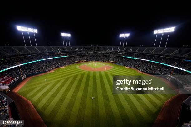 General view during the game between the Los Angeles Angels and the Oakland Athletics at RingCentral Coliseum on Thursday, March 30, 2023 in Oakland,...