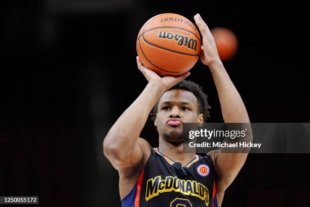 Bronny James of McDonald's All American Boys West is seen before the McDonalds All American Basketball Games at Toyota Center on March 28, 2023 in...