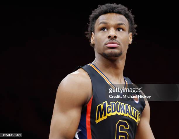 Bronny James of McDonald's All American Boys West is seen before the McDonalds All American Basketball Games at Toyota Center on March 28, 2023 in...