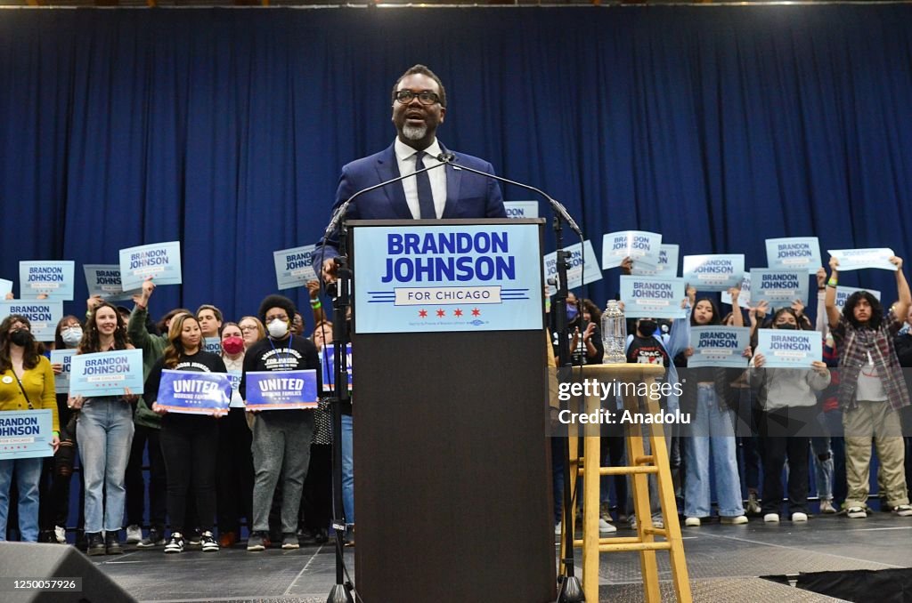 Brandon Johnson speaks during a rally at Credit Union One Arena where ...