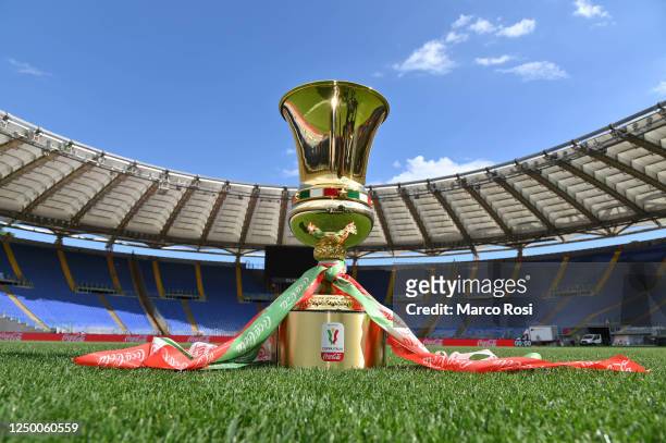 The trophy at the Olympic stadium prior the Coppa Italia Final match between Juventus and SSC Napoli at Olimpico Stadium on June 16, 2020 in Rome,...