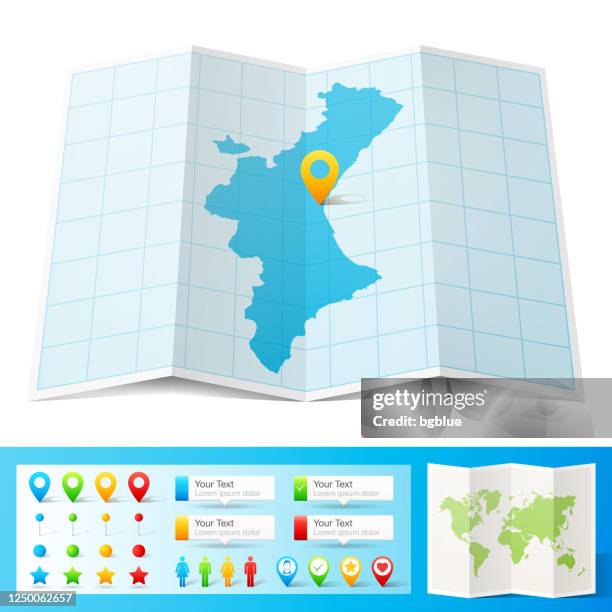 valencian community map with location pins isolated on white background - world map flat grid stock illustrations