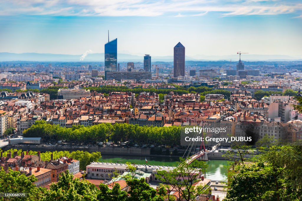 High angle view on french Lyon cityscape in summer with the Part-Dieu business district skyscrapers