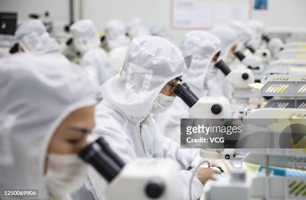 Employees work on the production line of LED chip at a workshop of Huai'an Aucksun Optoelectronics Technology Ltd on June 16, 2020 in Huai an,...