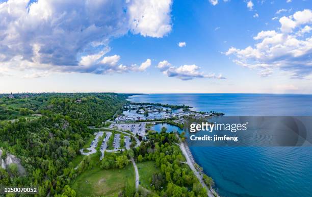 aerial bluffers park - cliff park panoramic view,  scarborough, canada - lake ontario stock pictures, royalty-free photos & images