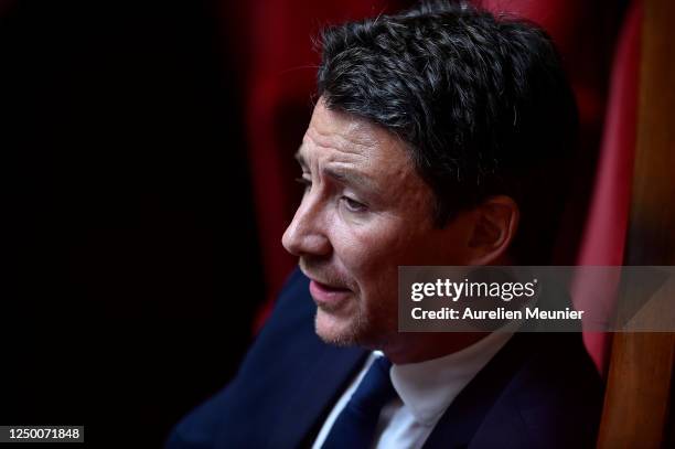 French Politician Benjamin Griveaux reacts as ministers answer deputies during the weekly session of questions to the government at Assemblee...