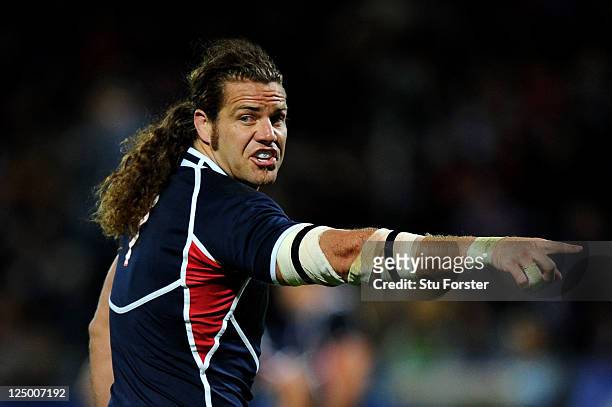 Flanker Todd Clever of USA gestures during the IRB 2011 Rugby World Cup Pool C match between Russia and the USA at Stadium Taramaki on September 15,...