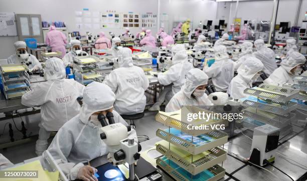 Employees work on the production line of LED chip at a workshop of Huai'an Aucksun Optoelectronics Technology Ltd on June 16, 2020 in Huai an,...