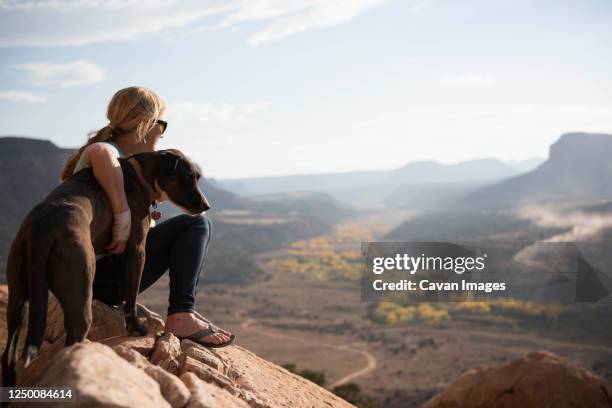 a woman and her dog enjoying the desert views, utah - desert dog stockfoto's en -beelden