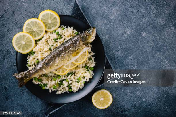 delicious roasted trout seasoned with spices and lemon juice with rice - trout stock pictures, royalty-free photos & images