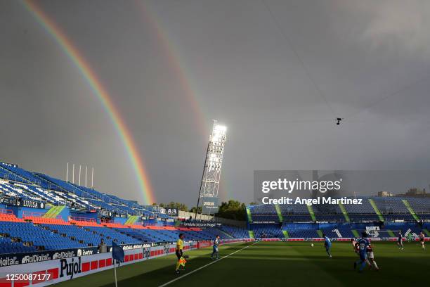 General view of the match as a double rainbow is seen over the stadium during the Liga match between Getafe CF and RCD Espanyol at Coliseum Alfonso...