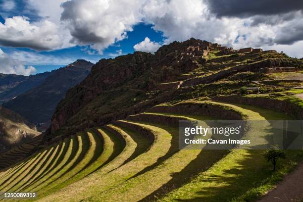 terraces at pisac in the sacred valley of the incas, peru - pisac imagens e fotografias de stock