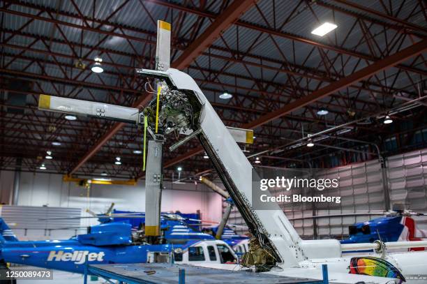 Helicopters undergo maintenance work at the Helijet hanger at Vancouver International Airport in Richmond, British Columbia, Canada, on Thursday,...