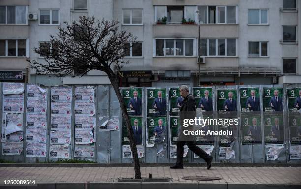 Man walks past an elections campaign posters of Revival party leader Kostadin Kostadinov in Sofia, Bulgaria 31 March 2023. Bulgaria will hold an...