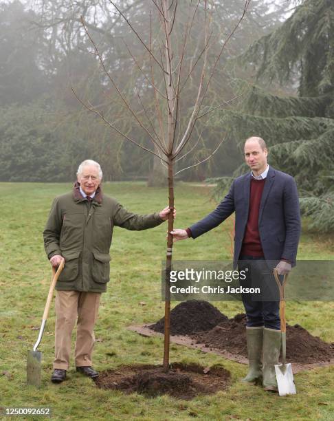 King Charles III and Prince William, Prince of Wales plant a tree to mark the end of The Queen's Green Canopy initiative in the gardens of...