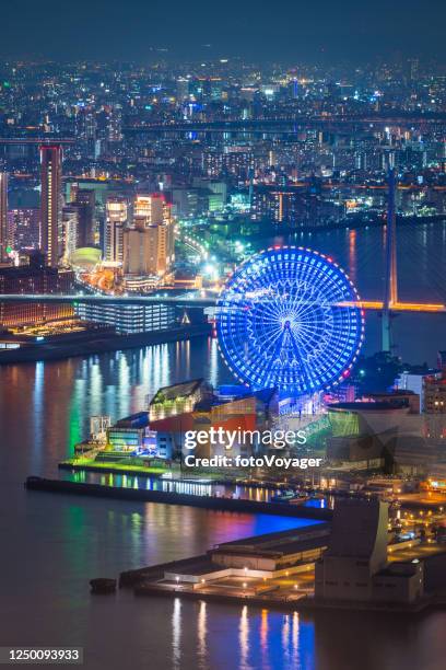 osaka harbour ferris wheel neon night city aerial photograph japan - osaka prefecture stock pictures, royalty-free photos & images