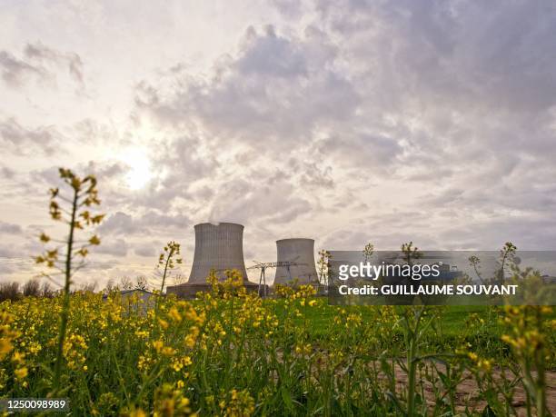 Photograph shows two cooling towers of the Nuclear power plant of Saint-Laurent-des-Eaux next to a rapeseed field, in Saint-Laurent-Nouan, central...