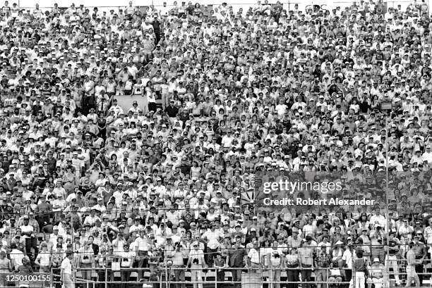 Fans fill the grandstands at the 1985 Daytona 500 stock car race at Daytona International Speedway in Daytona Beach, Florida.