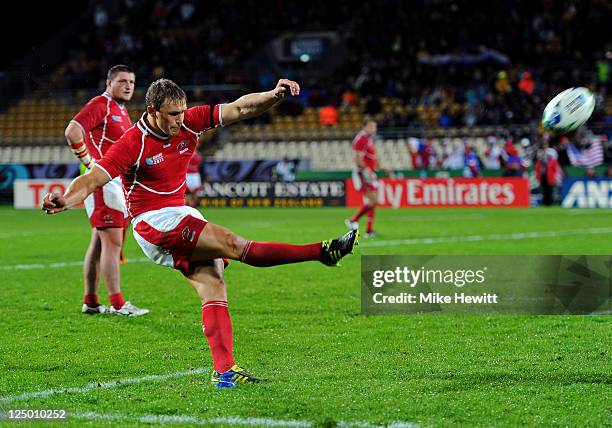 Flyhalf Yury Kushnarev of Russia kicks at goal during the IRB 2011 Rugby World Cup Pool C match between Russia and the USA at Stadium Taramaki on...