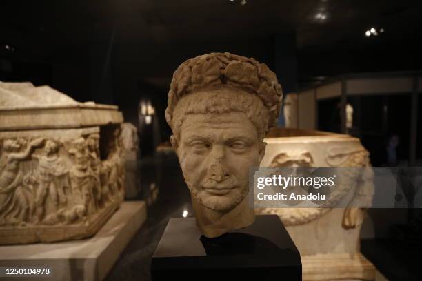 View of antiquities on display during an introduction ceremony at Antalya Archeology Museum after twelve antiquities smuggled out of Turkiye...