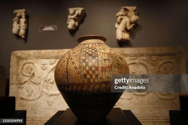 View of antiquities on display during an introduction ceremony at Antalya Archeology Museum after twelve antiquities smuggled out of Turkiye...