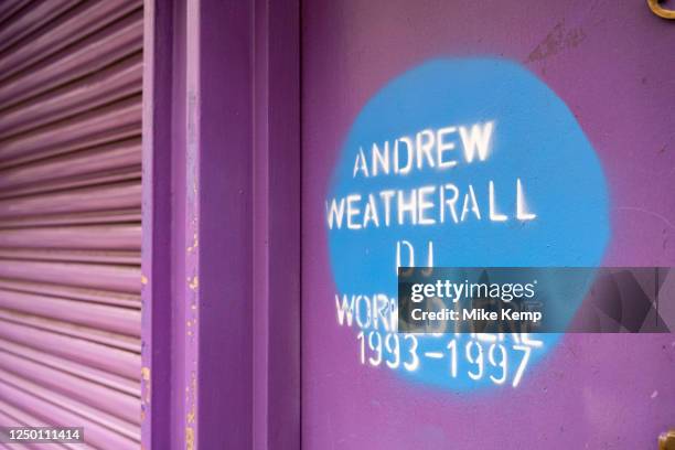 Painted 'blue plaque' in memory of DJ, musician, producer and reknowned remixer Andrew Weatherall outside the Sunset Strip bar on Dean Street in Soho...
