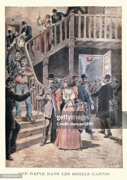 french police raiding a brothel, arresting prostitutes, paris, 19th century - bordello stock illustrations