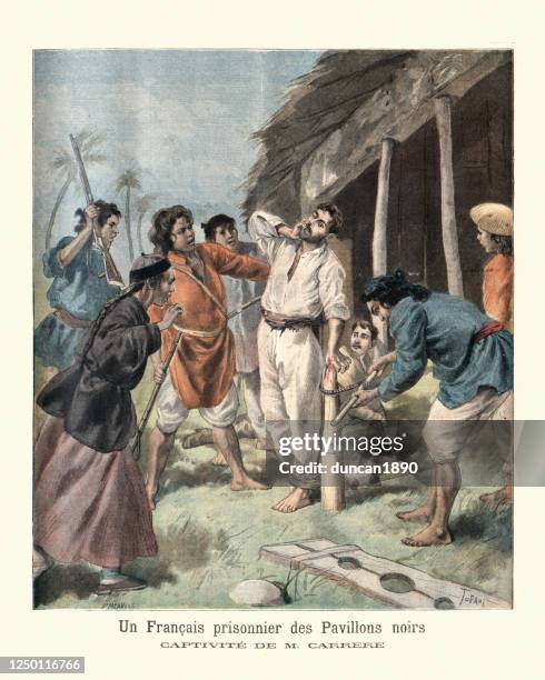 french prisoner of black flags, tortured by vietnamese rebels, 1895 - viet cong stock illustrations