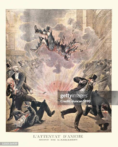 terrorist detonating a bomb during an assassination attempt, france, 1895 - terrorism illustration stock illustrations