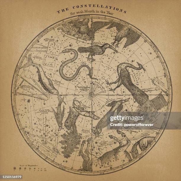 stockillustraties, clipart, cartoons en iconen met antieke zuidelijke kaart van de constellatie van het halfrond op oud document - constellation map