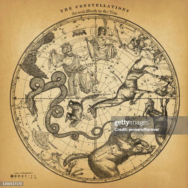 stockillustraties, clipart, cartoons en iconen met antieke noordelijke kaart van de constellatie van het noordelijke hemisfeer op oud document - symbols on old maps