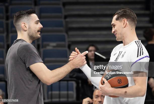 Ioannis Papapetrou of Partizan shake hands with Mario Hezonja of Real Madrid prior to the 2022-23 Turkish Airlines EuroLeague Regular Season Round 32...