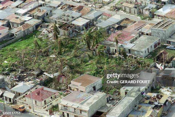 Aerial view of a devasted dwelling area on the Eastern coast of Guadeloupe taken 19 September 1989 after Hurricane Hugo swept across the Caribbean...