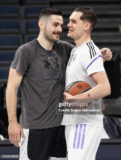 Ioannis Papapetrou of Partizan shares a laugh with Mario Hezonja of Real Madrid prior to the 2022-23 Turkish Airlines EuroLeague Regular Season Round...